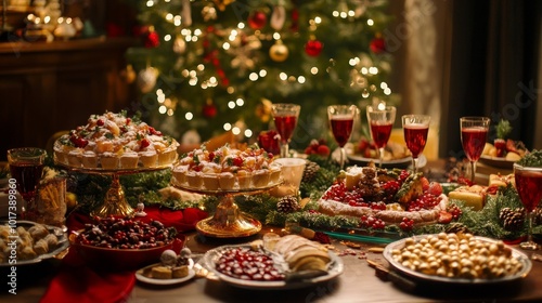 Festive Holiday Feast With an Array of Delicious Treats and Sparkling Beverages Beneath a Vibrant Christmas Tree