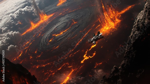 A spacecraft navigating the turbulent atmosphere of a volcanic planet, dodging volcanic eruptions and ash clouds, with glowing magma rivers visible on the planet's surface below.