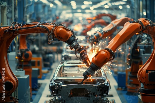 Industrial robots welding a car body in a factory. photo