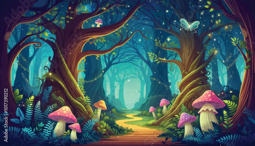 Mystical woodland with ancient trees lush vegetation and sparkling fairy lights background