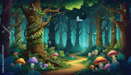 Mystical woodland with ancient trees lush vegetation and sparkling fairy lights background