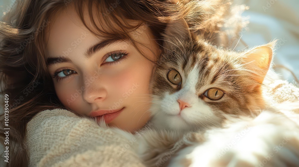 portrait of a young woman lovingly holding her fluffy cat indoors radiating warmth and affection with soft lighting creating an inviting atmosphere portrait of a young woman lovingly holding her fluffy cat indoors radiating warmth and affection with soft lighting creating an inviting atmosphere