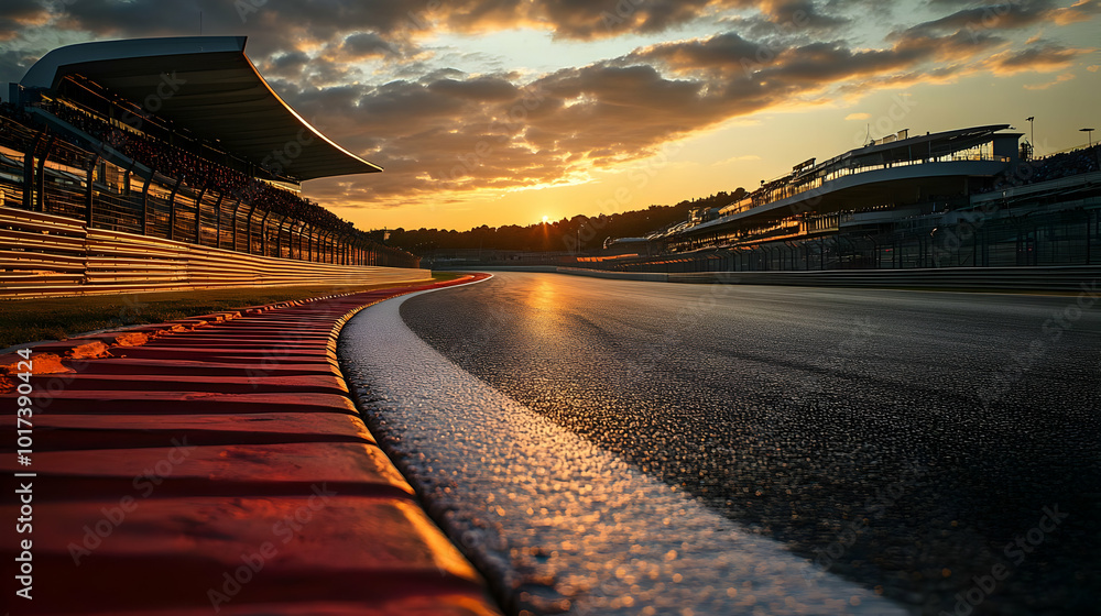Fototapeta premium Sunset over a racetrack with curving asphalt and dramatic clouds.