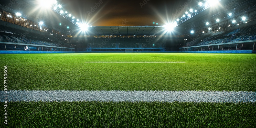 Empty stadium illuminated at night with a green field and a white line. Empty stadium illuminated at night with a green field and a white line.