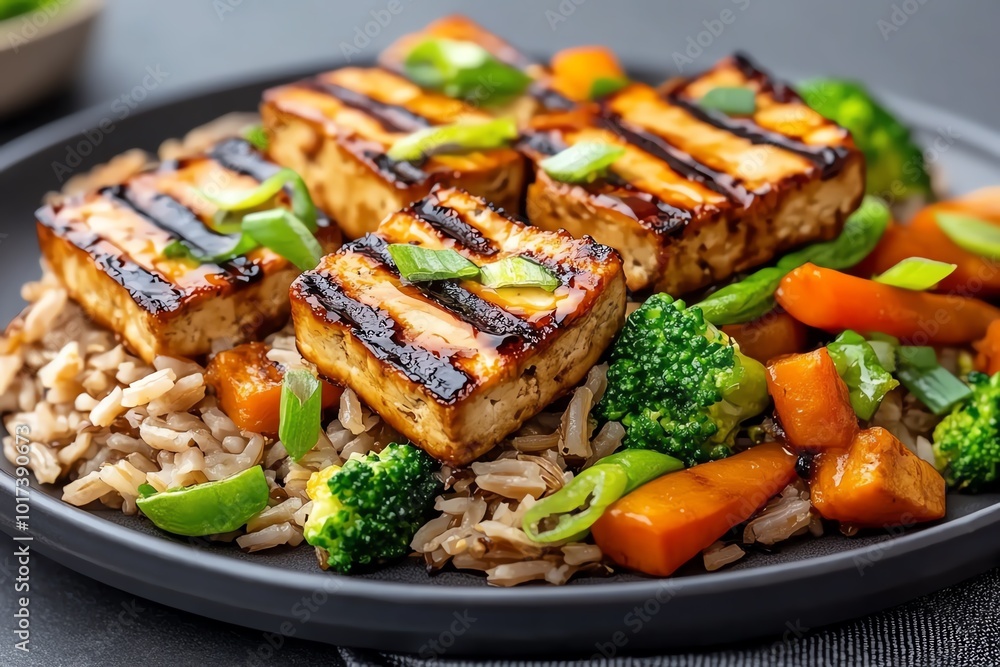 Plate of grilled tofu with stir-fried vegetables and brown rice, representing a plant-based, energy-packed meal Plate of grilled tofu with stir-fried vegetables and brown rice, representing a plant-based, energy-packed meal