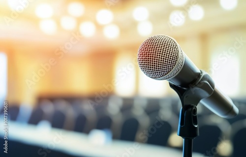 Close-up of a microphone on stage with a blurred background, perfect for conference, meeting, or business town hall event concepts, featuring high-quality details.