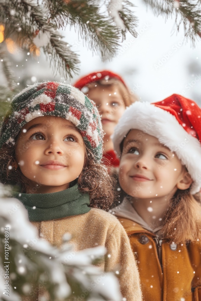 Children Joyfully Enjoying Winter Snowfall While Wearing Festive Hats in a Cozy Holiday Setting Children Joyfully Enjoying Winter Snowfall While Wearing Festive Hats in a Cozy Holiday Setting