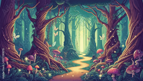 Mystical woodland with ancient trees lush vegetation and sparkling fairy lights background