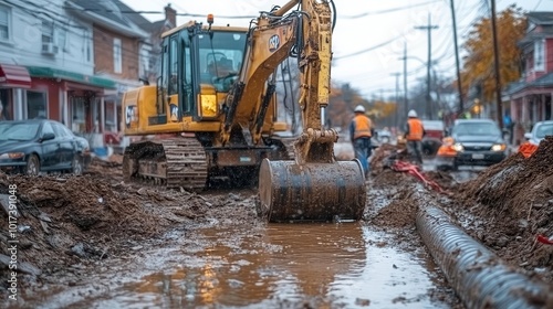 public works team installing sewage pipes on a bustling street showcasing machinery and workers collaborating with a focus on infrastructure development and community service