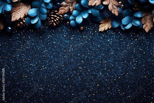 Blue turquoise and gold sparkly leaves and dark blue glitter background