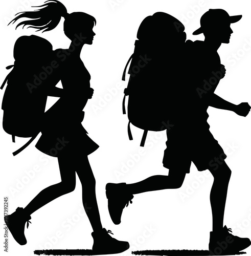 Tourists couple with backpacks vector silhouette illustration isolated on white background