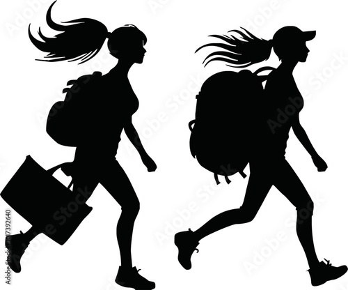 Tourists couple with backpacks vector silhouette illustration isolated on white background