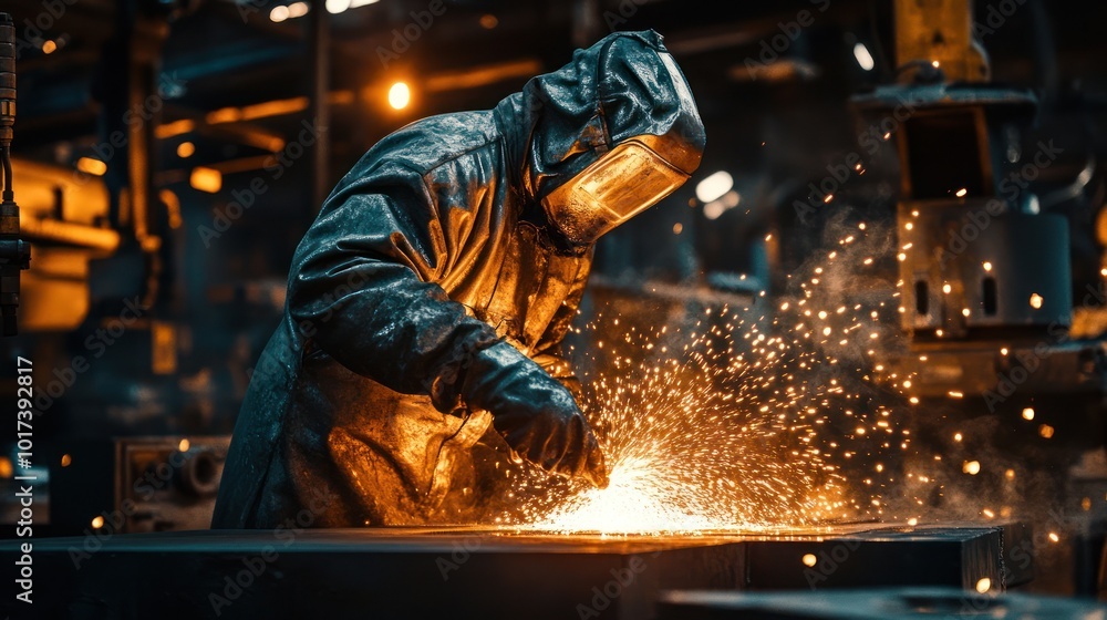 A worker in a protective suit pouring molten iron into detailed molds in a foundry, creating intricate cast iron parts, with bright sparks flying from the process. A worker in a protective suit pouring molten iron into detailed molds in a foundry, creating intricate cast iron parts, with bright sparks flying from the process.