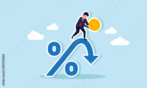 A frustrated businessman holding a bitcoin stands on a downward percentage arrow, illustrating the decline in bitcoin valuation.