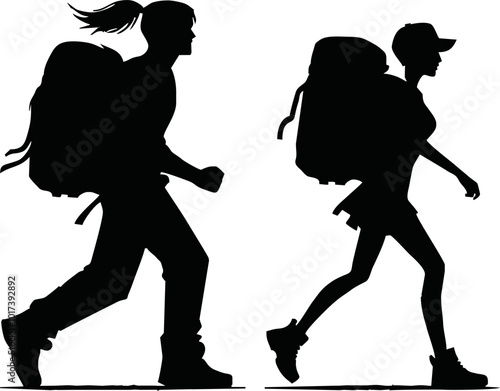 Tourists couple with backpacks vector silhouette illustration isolated on white background