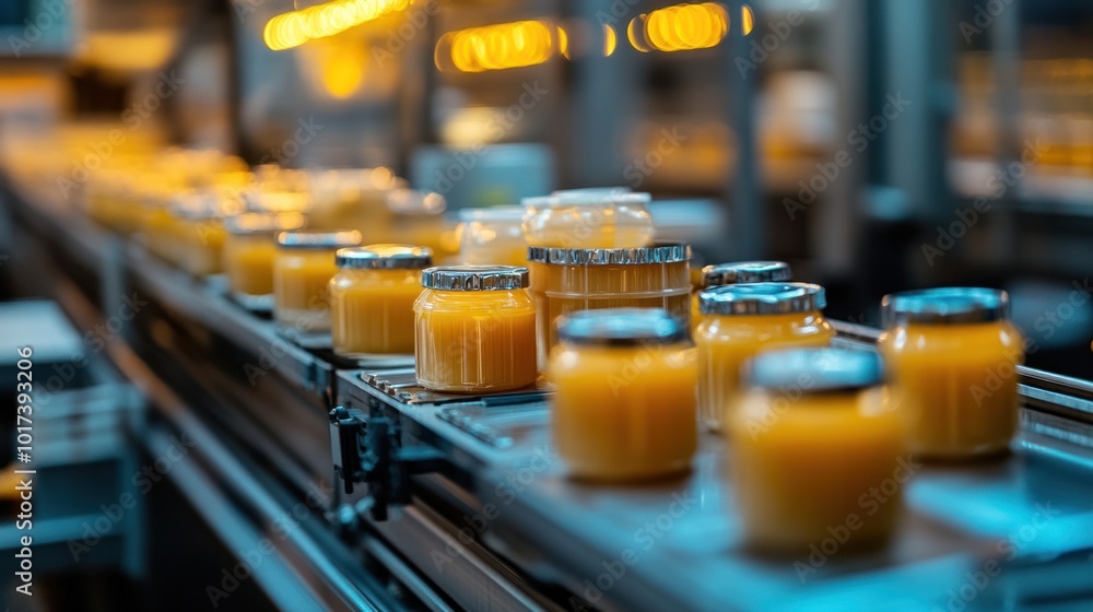 Glass Jars on Conveyor Belt in Factory Glass Jars on Conveyor Belt in Factory