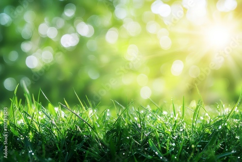 Closeup of dew-covered grass with a bokeh background.