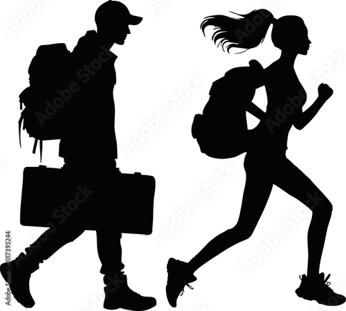 Tourists couple with backpacks vector silhouette illustration isolated on white background