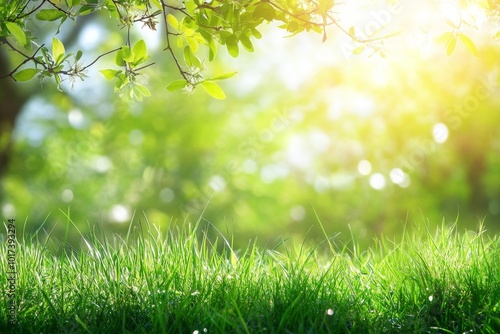 Close-up of fresh green grass with blurred green background and bright sun shining through the leaves of a tree overhead.