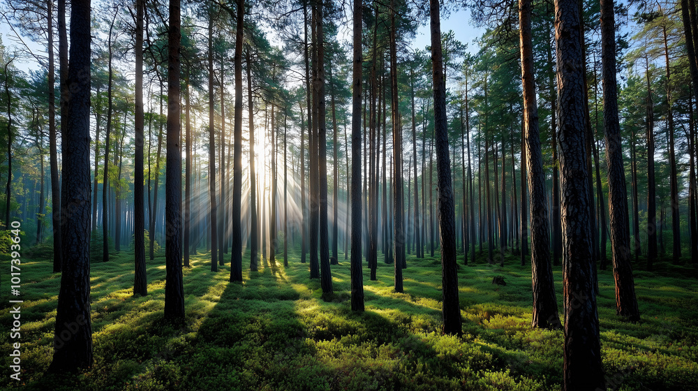 Misty Pine Forest at Dawn with Soft Sunlight Breaking Through Misty Pine Forest at Dawn with Soft Sunlight Breaking Through