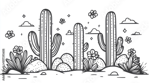 Line Art Illustration of Desert Cactus Landscape