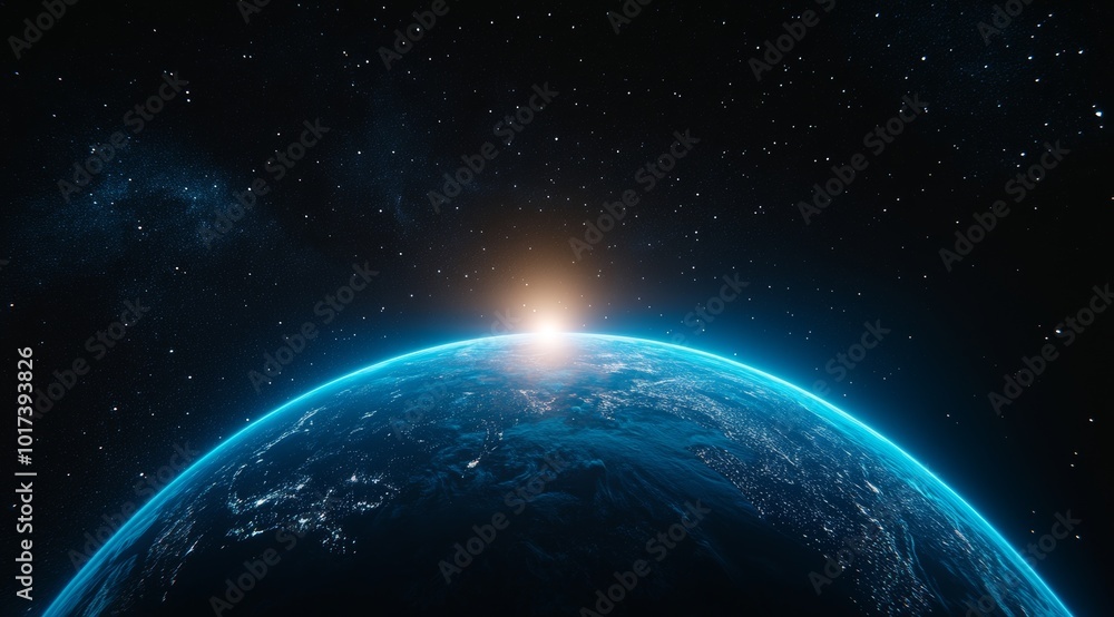 A beautiful view of Earth from space with stars and a sunrise. A beautiful view of Earth from space with stars and a sunrise.