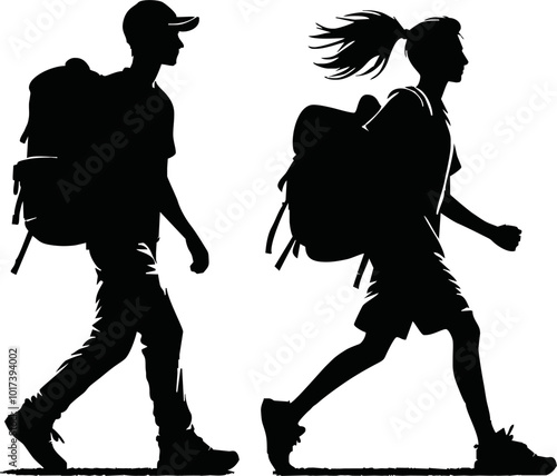 Tourists couple with backpacks vector silhouette illustration isolated on white background
