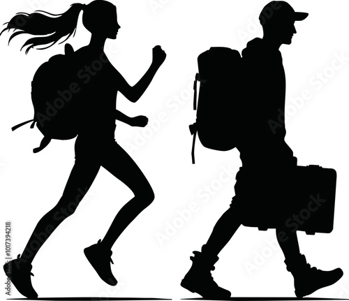 Tourists couple with backpacks vector silhouette illustration isolated on white background