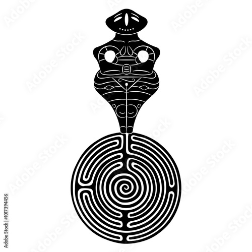 Neolithic fertility goddess standing on a round spiral maze or labyrinth symbol. Ancient female figurine from Vinča culture, Serbia. Great Mother archetype. Black and white silhouette.