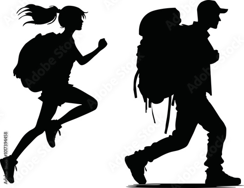 Tourists couple with backpacks vector silhouette illustration isolated on white background