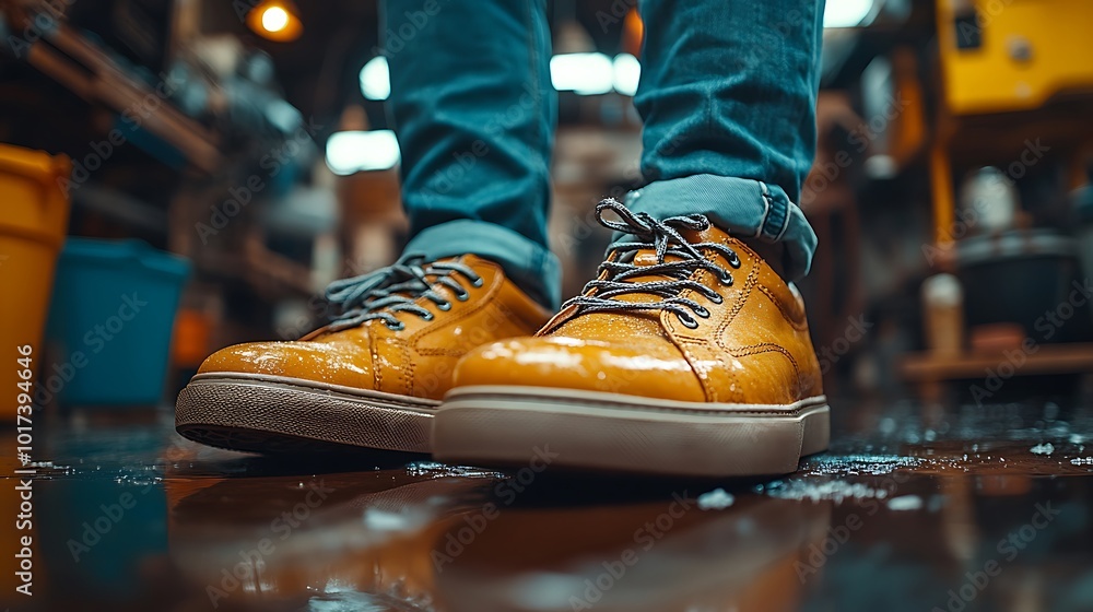 Close-up of yellow leather shoes with white soles, standing on a wet floor. Close-up of yellow leather shoes with white soles, standing on a wet floor.