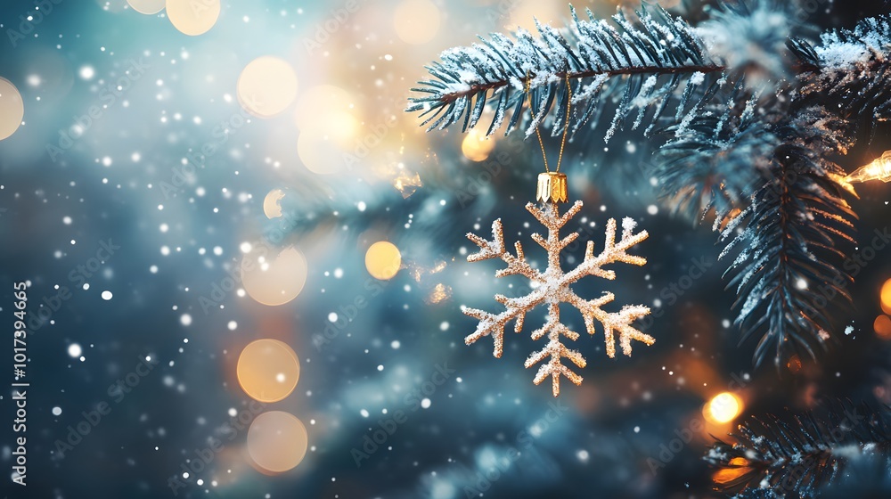 Golden Snowflake Ornament Hanging on Snowy Pine Branch Golden Snowflake Ornament Hanging on Snowy Pine Branch