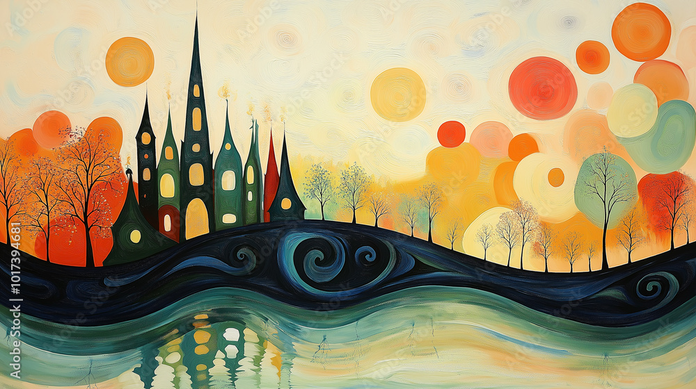 Obraz premium Watercolor art fantasy landscape with mountains at sunset with shadows of castles and tall buildings, clouds in the sky and waves, a magical city.