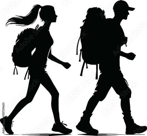 Tourists couple with backpacks vector silhouette illustration isolated on white background