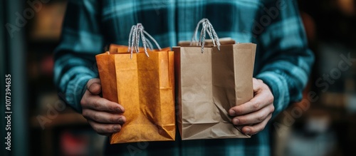 Person holding two paper shopping bags.