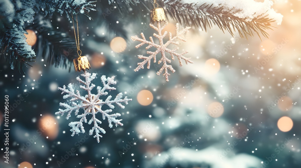 Two Glittering Snowflake Ornaments Hanging on a Snowy Pine Branch Two Glittering Snowflake Ornaments Hanging on a Snowy Pine Branch