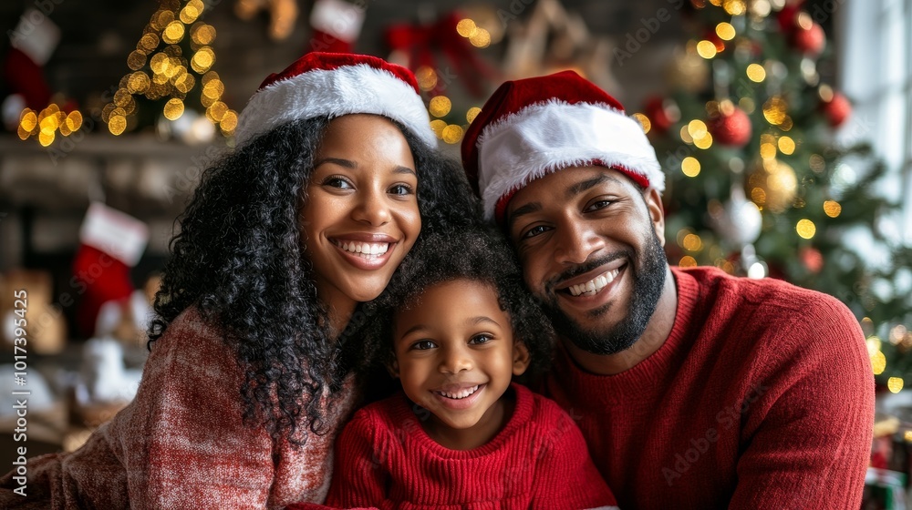 A Happy Family Poses With Warm Smiles While Wearing Santa Hats A Happy Family Poses With Warm Smiles While Wearing Santa Hats