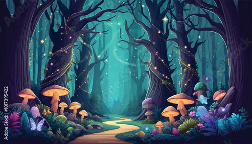 Mystical woodland with ancient trees lush vegetation and sparkling fairy lights background