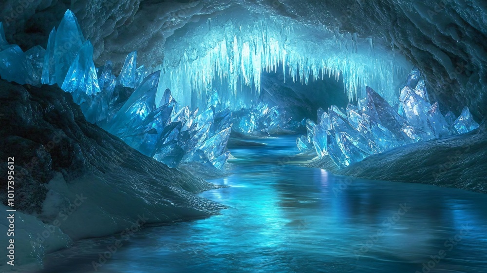 A surreal underground cavern filled with crystal formations and a crystal clear river, lit by an ethereal blue light. A surreal underground cavern filled with crystal formations and a crystal clear river, lit by an ethereal blue light.