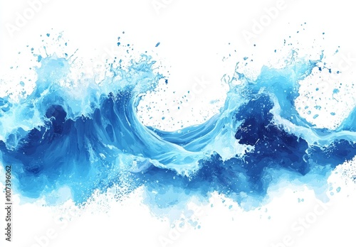 Fototapeta Naklejka Na Ścianę i Meble -  Abstract watercolor painting of a blue ocean wave crashing against a white background.