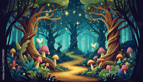 Mystical woodland with ancient trees lush vegetation and sparkling fairy lights background