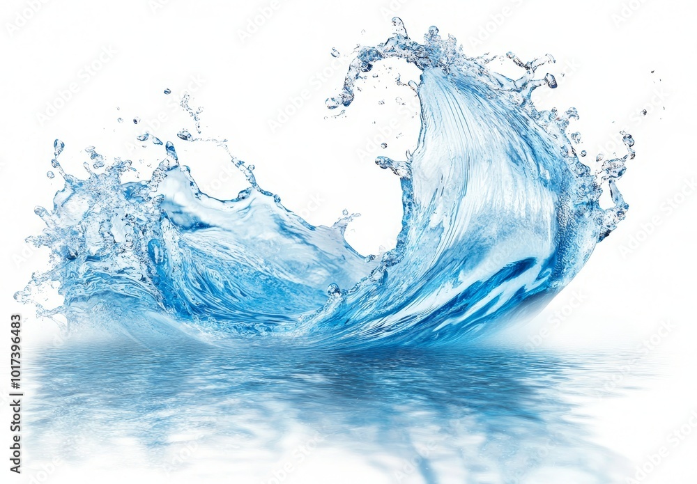 A blue water splash with a reflection in a wave-like form.