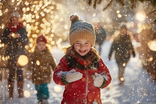 Child in a Red Coat Plays in Snow With Family During a Festive Walk in a Sparkling Winter Forest