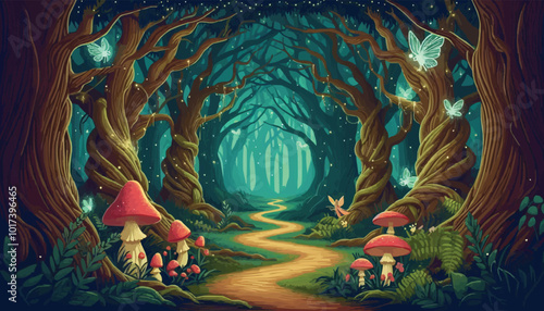 Mystical woodland with ancient trees lush vegetation and sparkling fairy lights background