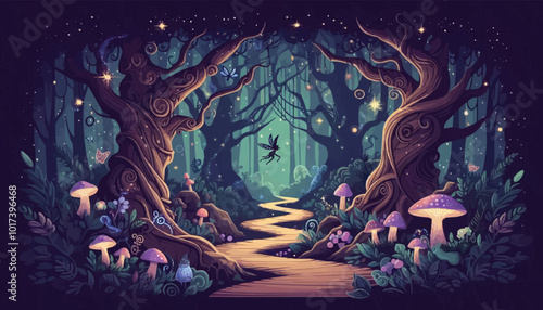Mystical woodland with ancient trees lush vegetation and sparkling fairy lights background
