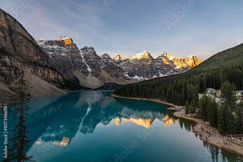 Incredible sunrise scenes at Moraine Lake, Banff National Park during fall, autumn with stunning, popular tourism spot in the Canadian Rockies. 