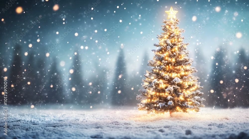 A Decorated Christmas Tree Standing in a Snowy Forest A Decorated Christmas Tree Standing in a Snowy Forest