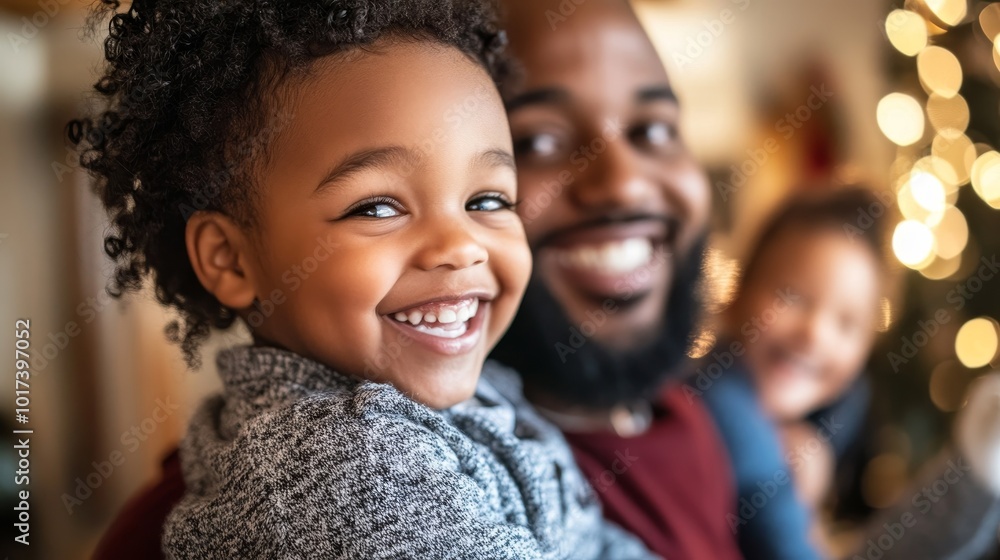 Joyful Moments: a Smiling Child and Father Sharing a Warm Embrace During the Festive Season at Home Joyful Moments: a Smiling Child and Father Sharing a Warm Embrace During the Festive Season at Home