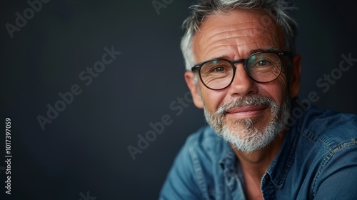 a man with glasses and a beard smiling for a picture in a studio setting with a dark background