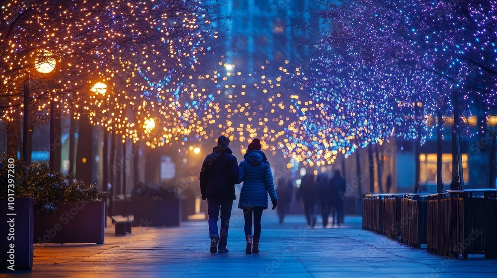 Couple Strolls Hand in Hand Under Enchanting Blue and Gold Lights in a Winter Evening Urban Setting Couple Strolls Hand in Hand Under Enchanting Blue and Gold Lights in a Winter Evening Urban Setting